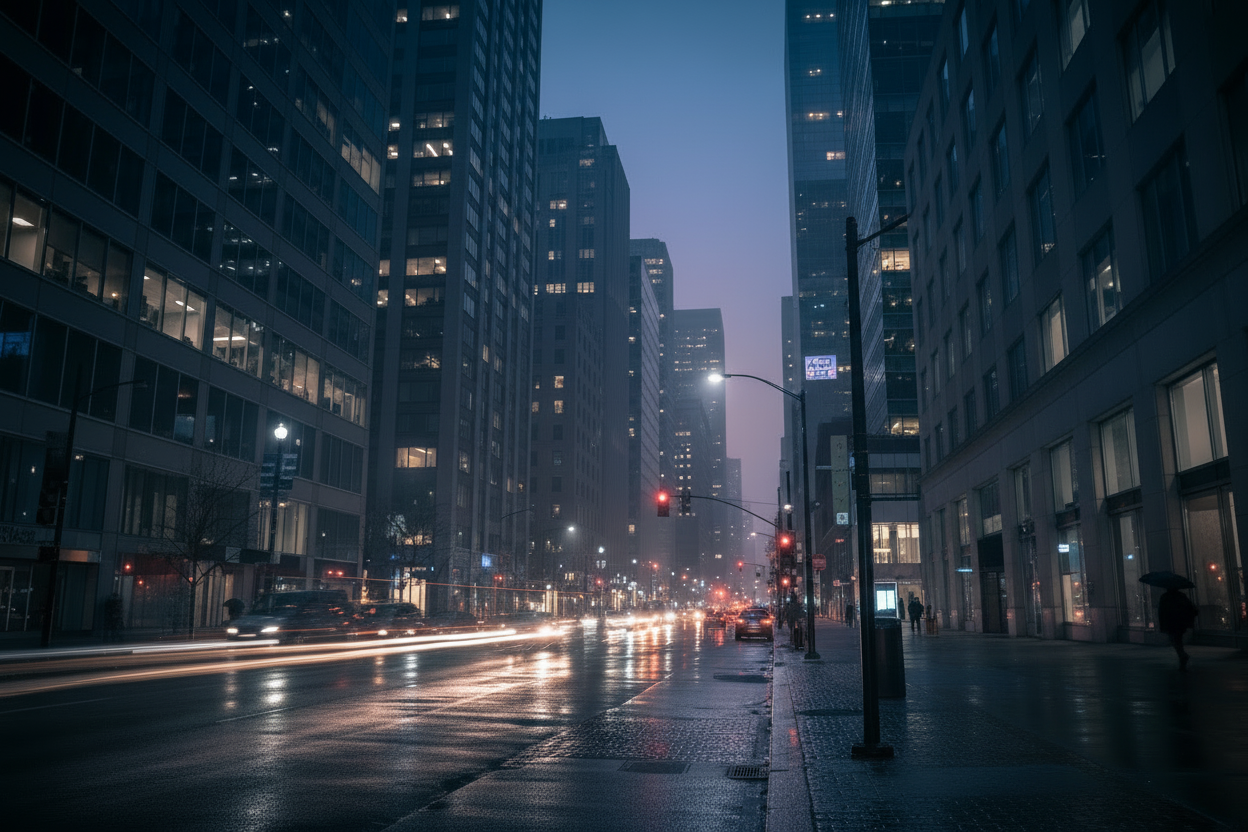 Here's a detailed AI image generation prompt based on your reference:

Hyper-Realistic City Billboard Mockup Prompt:
Hyper-realistic photograph of a city street at night, dusk blue hour lighting, urban downtown setting with buildings on both sides of the street. In the foreground on the right side, a vertical illuminated billboard sign on a metal pole, the billboard screen is completely blank pure white, glowing white display, rectangular vertical orientation with thin black frame and subtle gold/bronze tri